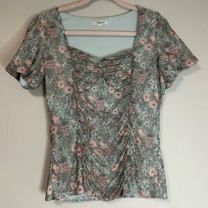 Takara Green and Pink Fitted Ruched Blouse, Size L